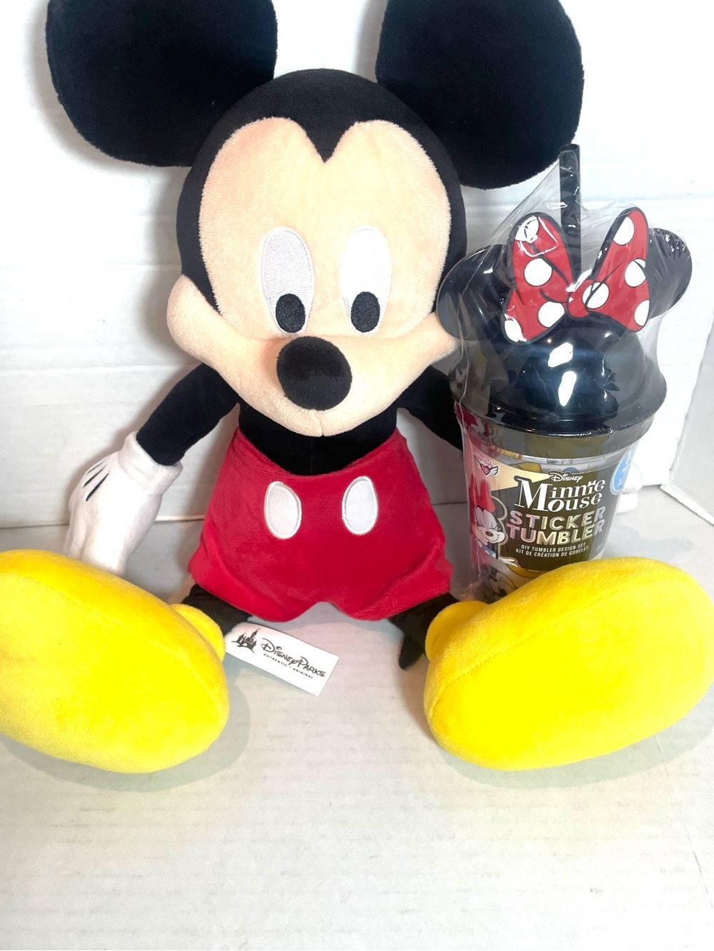 Disney Mickey Mouse Plush & Minnie Mouse Sticker Tumbler Set